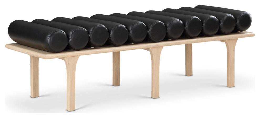 Landon Faux Leather Bench, Black, Natural Oak Finish