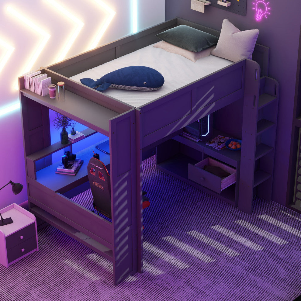 Gewnee Wood Full Size Gaming Loft Bed with Desk