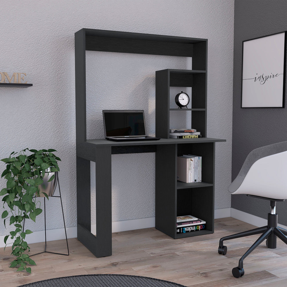 DEPOT E-SHOP Ethel Desk with 5 Open Shelves and Hutch, Black