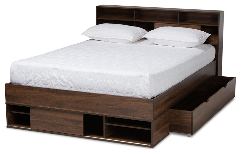Walnut Brown Finished Wood 1-Drawer Queen Size Platform Storage Bed with Shelves