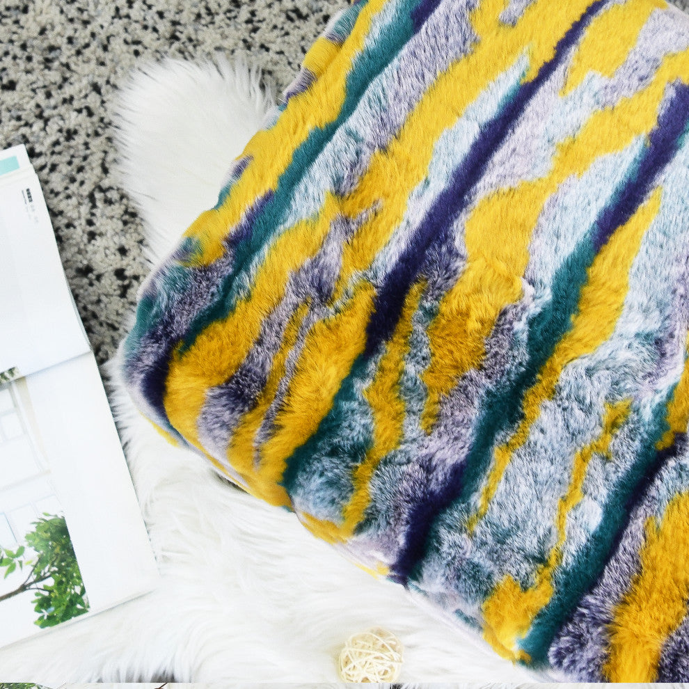 Multi Jacquard Faux Fur Ottoman, Teal, 19"x13"x7"