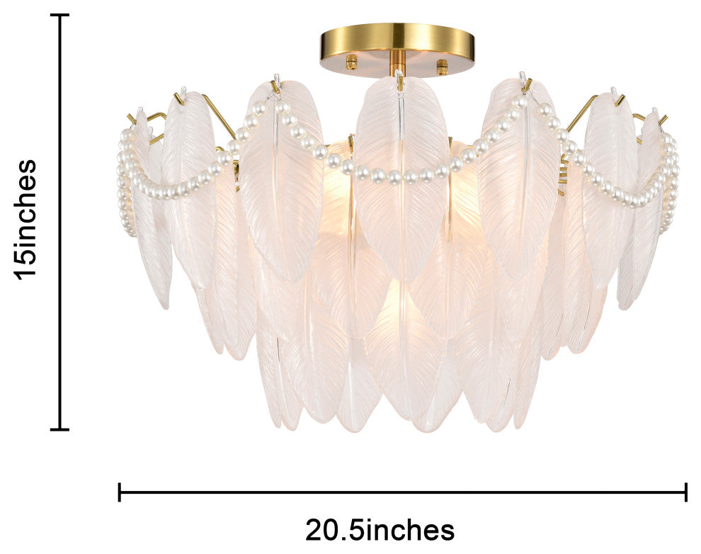 Lily 7-Light Brushed Shiny Brass Glass Feather-shaped Flush Mount