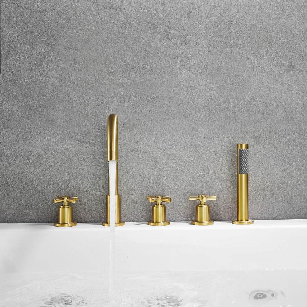 Sorlia Cross Handles Deck-Mount Roman Tub Faucet With Handshower, Brushed Gold