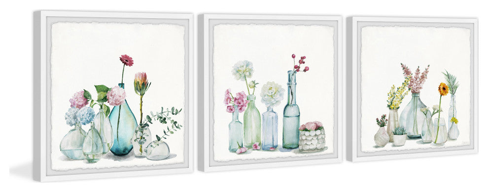 Floral Bottles Triptych, Set of 3, 12x12 Panels