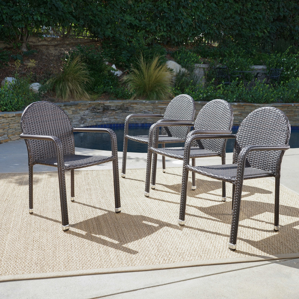 GDF Studio Angel Outdoor Wicker Armed Stack Chairs With Aluminum Frame, Set of 4