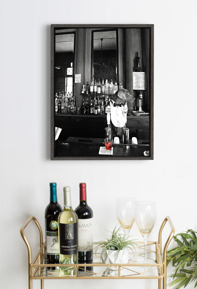 Sylvie Dog Bartender Framed Canvas Wall Art, Gray 18x24