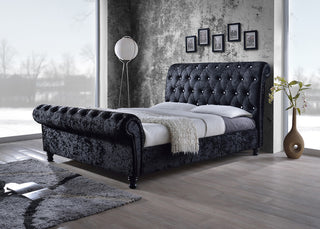 Castello Black Velvet Faux Crystal-ButToned Sleigh King Platform Bed