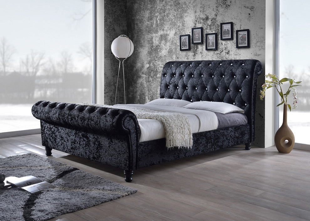 Castello Black Velvet Faux Crystal-ButToned Sleigh King Platform Bed