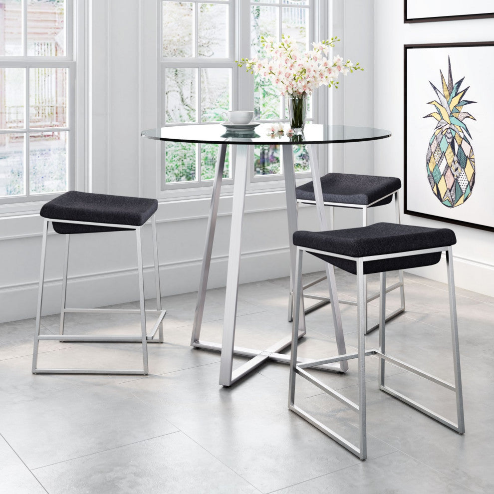 Counter Stool Chair, Set of 2, Steel Metal, Fabric, Gray, Silver, Cafe