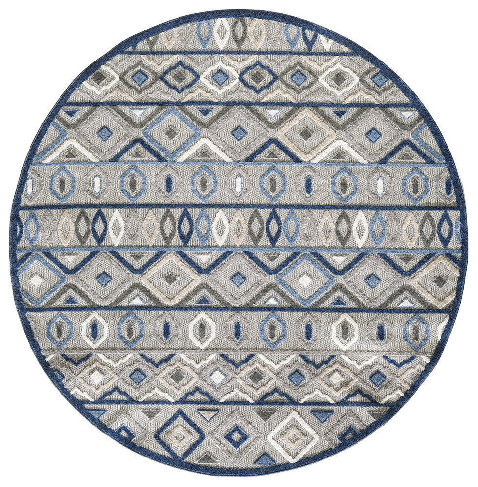8' Round Blue And Gray Round Abstract Stain Resistant Indoor Outdoor Area Rug