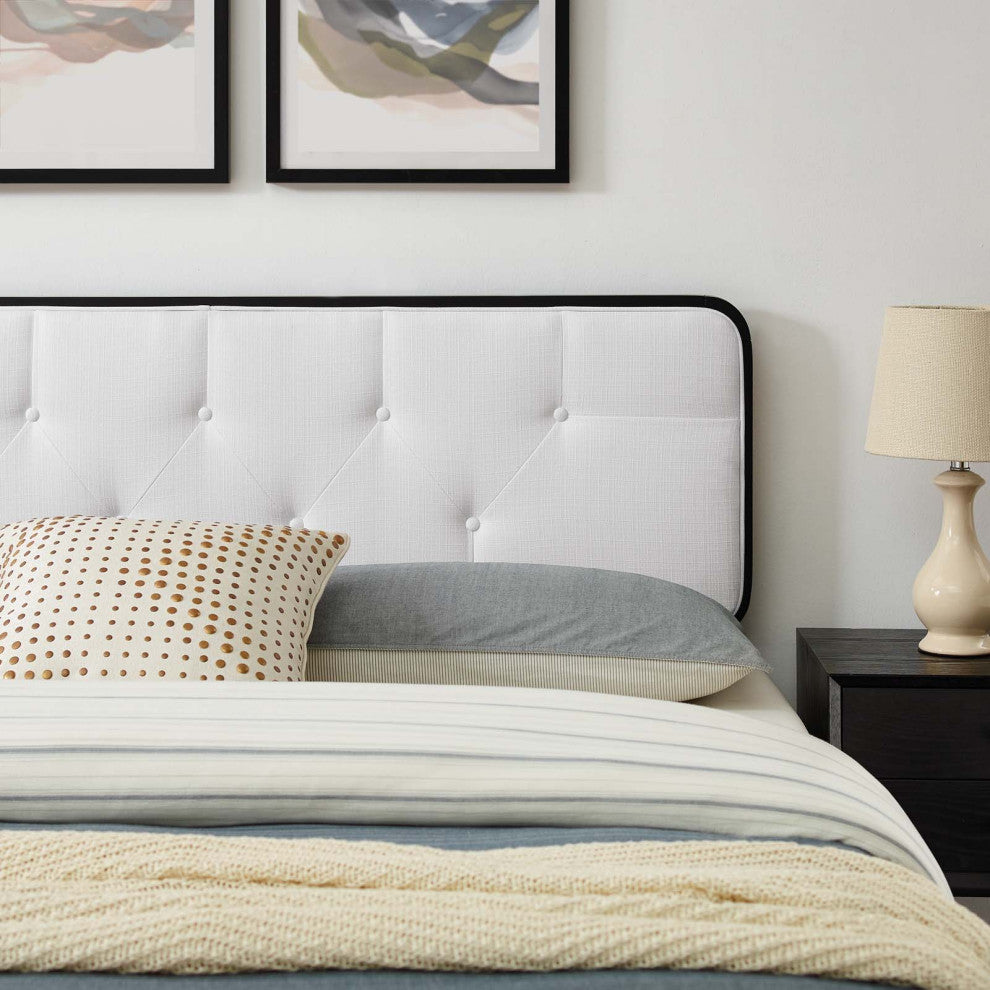 Platform Bed Frame, Queen Size, Fabric, Wood, Black White, Modern Mid-Century
