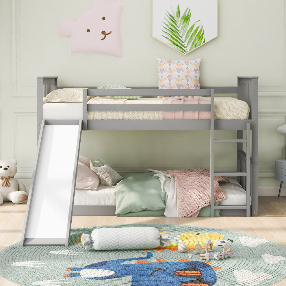 Gewnee Twin Over Twin Bunk Bed with Slide and Ladder in Gray