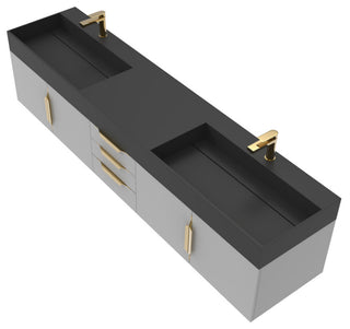 CastelloUSA Amazon 84" Wall Mounted Vanity Set, Gray, Black Top, Gold Handles