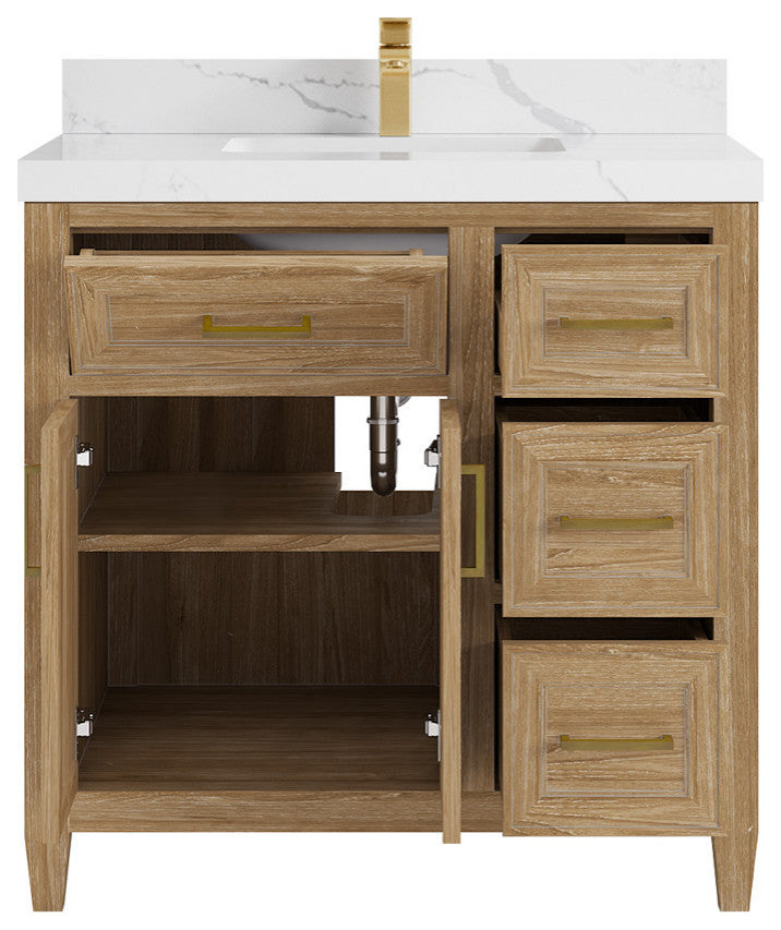 Santa Monica 36 Center Sink Bath Vanity in Whitewashed Teak 2" Calacatta Laza