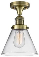 1-Light Large Cone 8" Flush Mount, Antique Brass, Glass: Clear