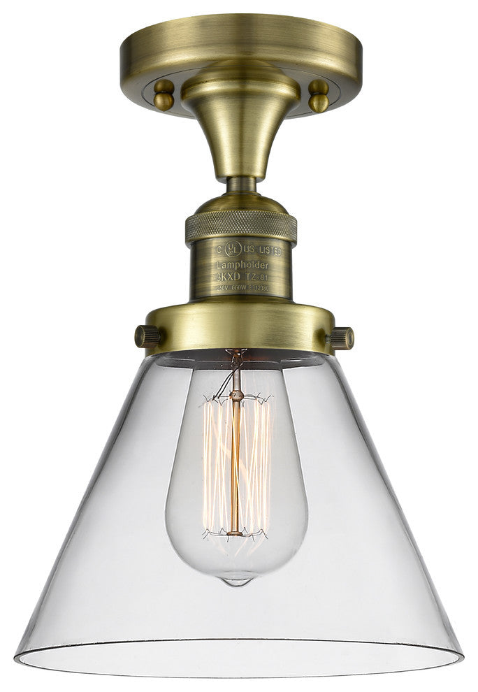 1-Light Large Cone 8" Flush Mount, Antique Brass, Glass: Clear