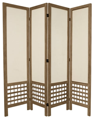 Wood Frame Folding Screen with Durable Fabric Shades and Open Lattice Design, Gray