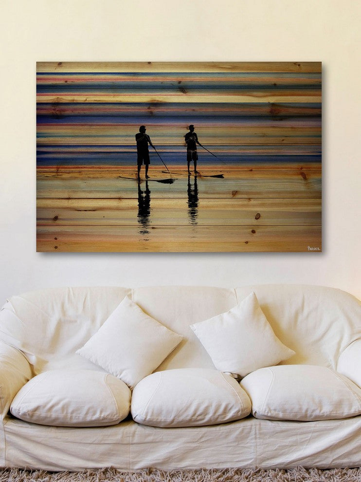 "Beach Surf" Print on Natural Pine Wood, 36"x24"