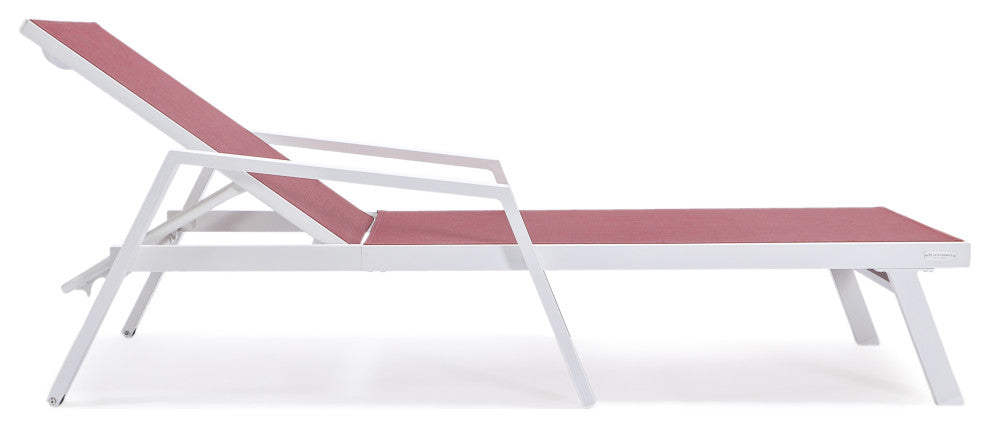 LeisureMod Marlin Chaise Lounge Set With Arms and Fire Pit Table, Burgundy