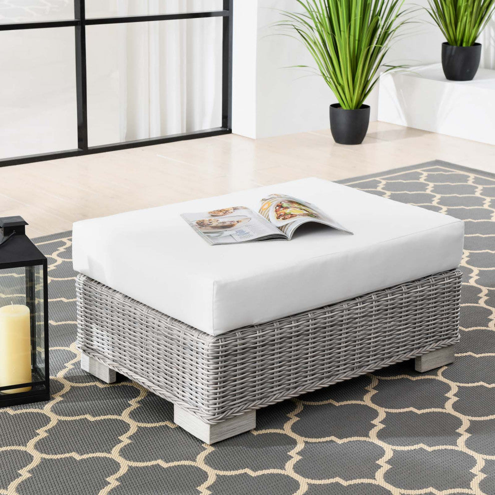Conway Outdoor Patio Wicker Rattan Ottoman Light Gray White