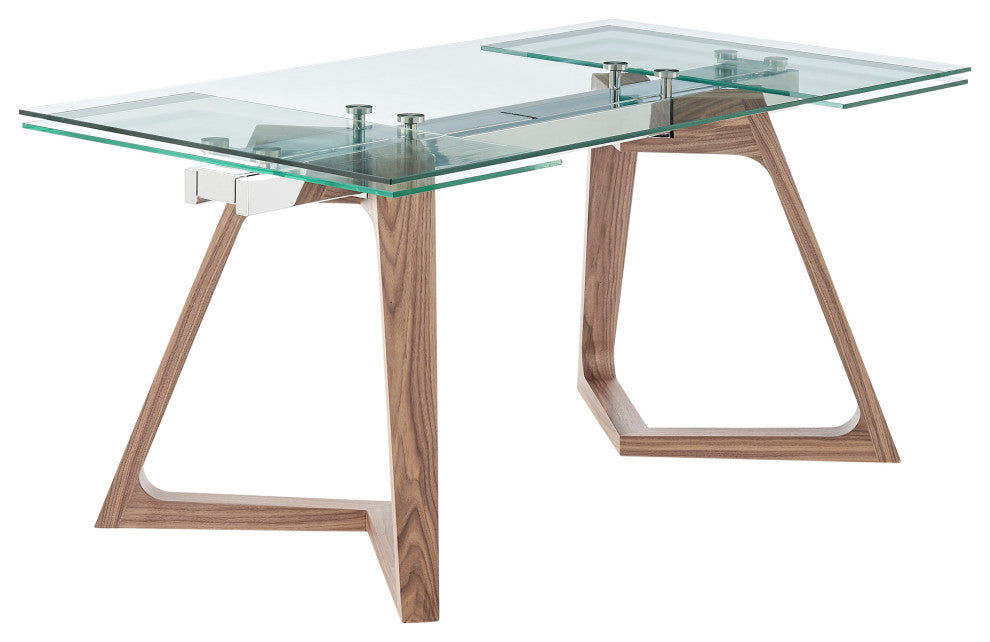 Donar Extension Table in Clear Tempered Glass Top and American Walnut Wood Base