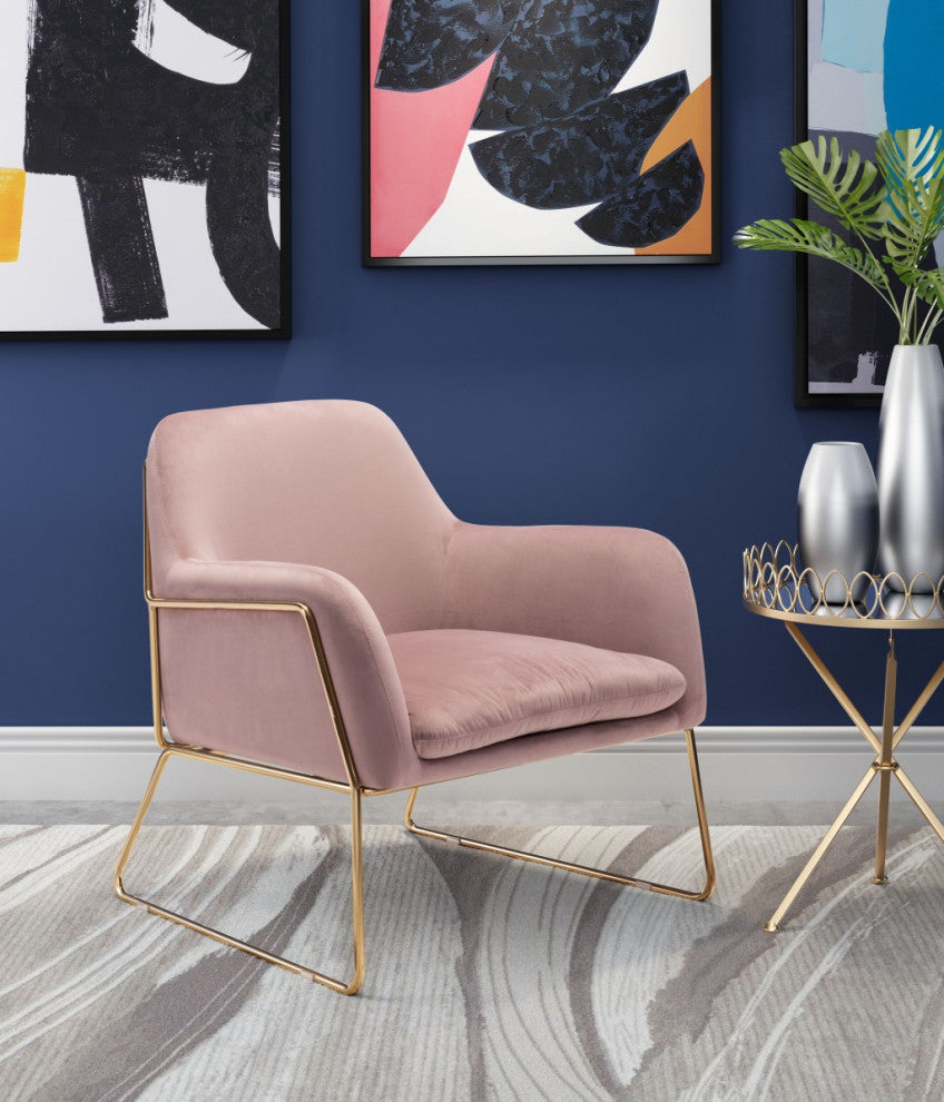 Comfy Square Pink Velvet and Gold Accent Arm Chair