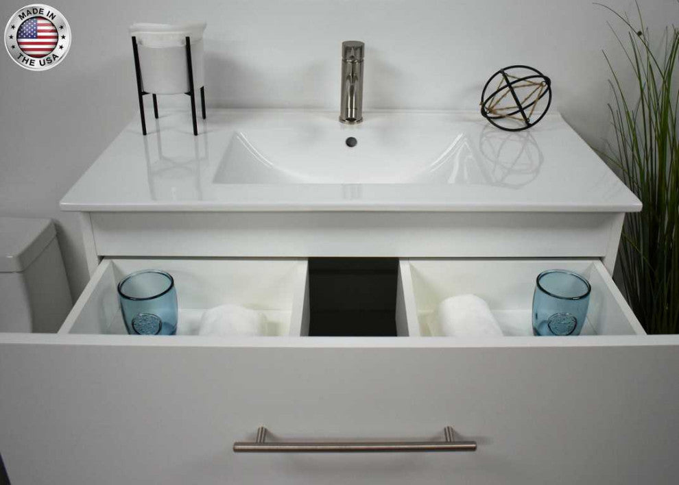 Napa 36" Modern Floating Bathroom Vanity With Ceramic Top and Round Handles, White