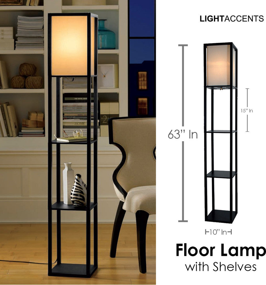 Floor Lamp with Shelves 63" Tall Wood with White Linen Shade