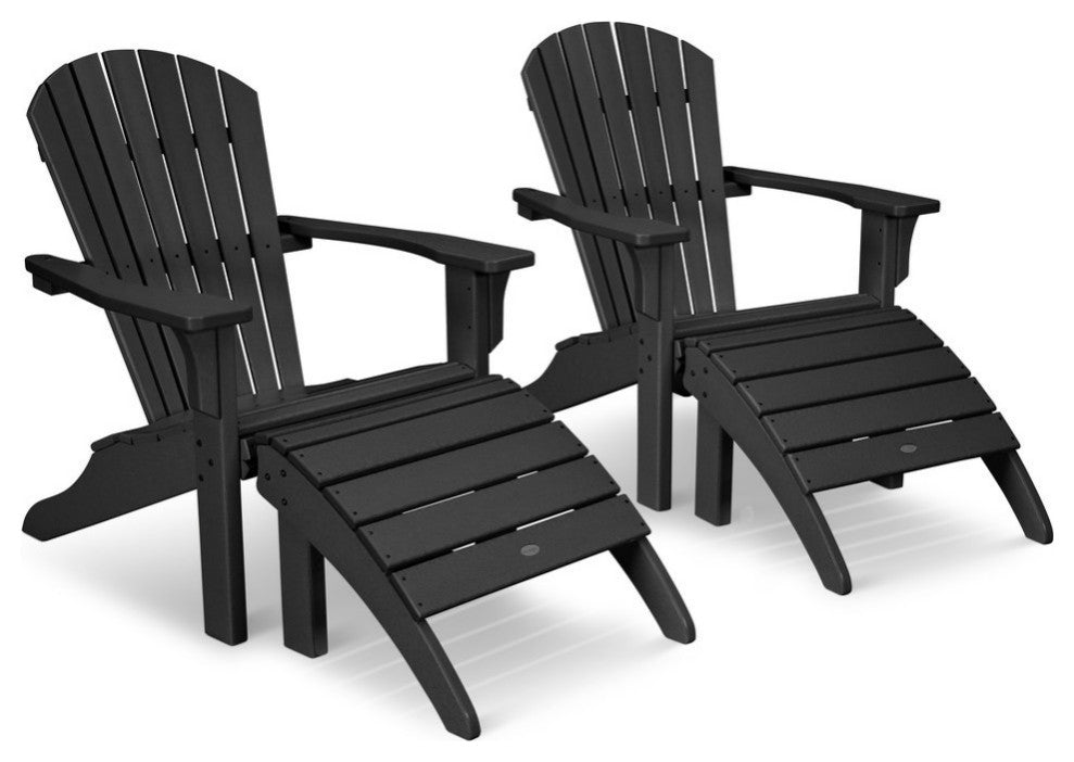 Polywood Seashell Adirondack Set with Ottomans, Black