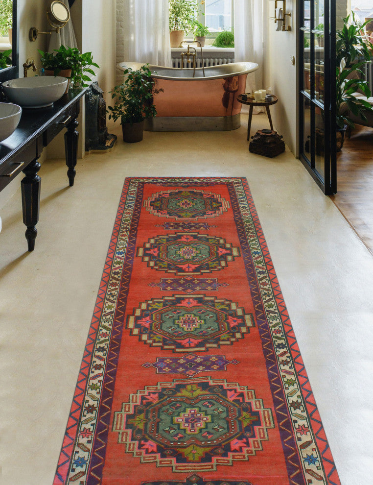 Fine Vintage Distressed Bamshad Rust/Beige Runner, 3'6x12'7