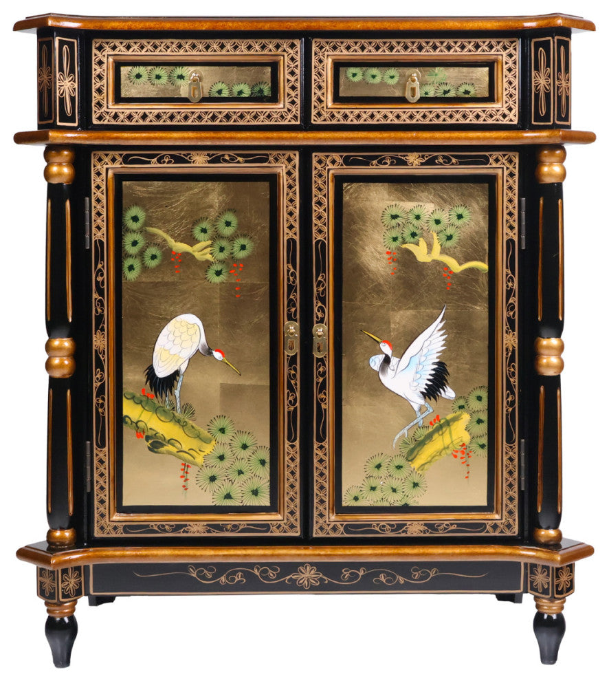 Empire Style Oriental Cabinet, Black lacquer With Gold Leaf Handpainted, 32"