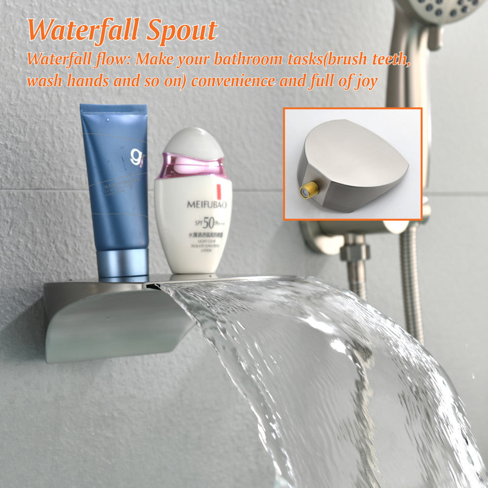 Single Handle Wall Mounted Waterfall Faucet With Handshower, Brushed Nickel
