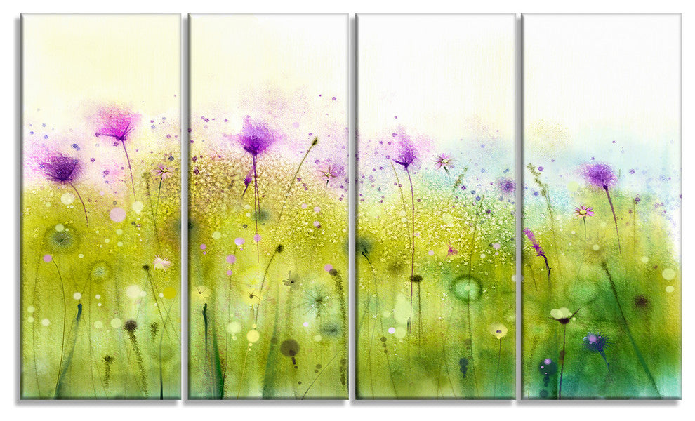 "Green Purple Abstract Cosmos of Flowers" Flower Wall Art, 4 Panels, 48"x28"