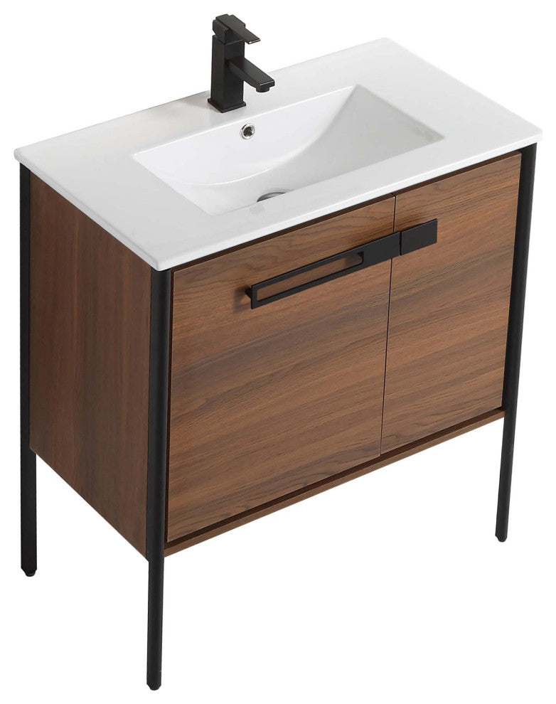 Oakville Bath Vanity, Ceramic Sink, Walnut Ebony, 30 Inch, Black Hardware