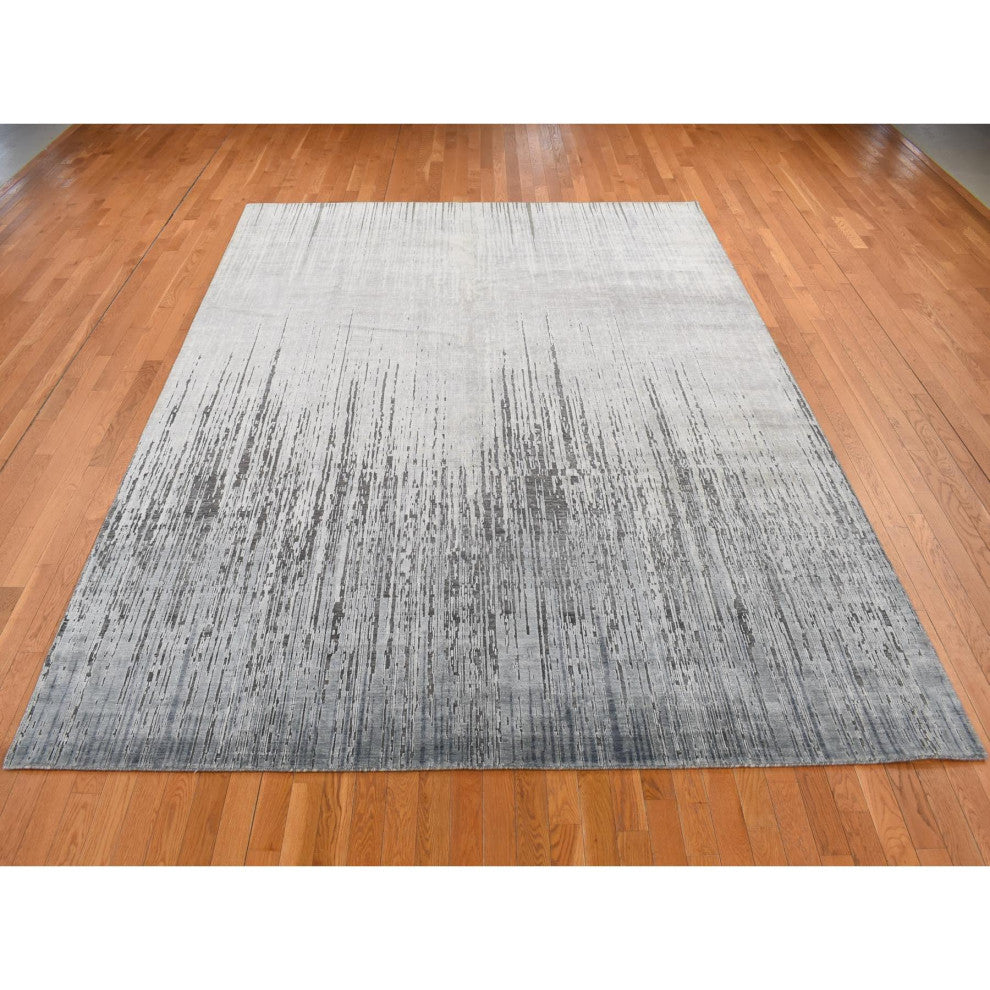 Medium Gray, Vertical Ombre Design, Pure Silk, Hand Knotted, Rug, 9'x11'10"