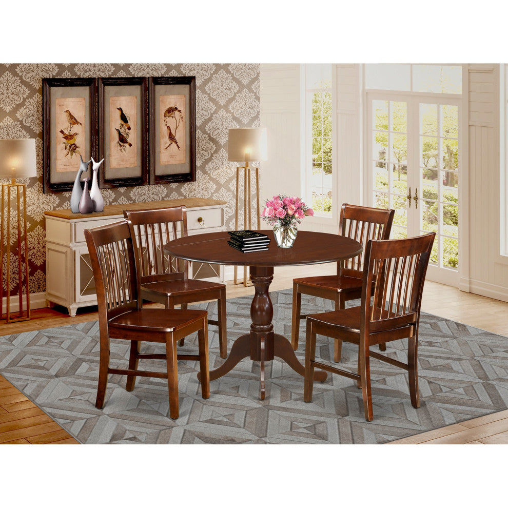 5 Pc Dining Set, Mahogany Dropleaf Table, 4 Mahogany Chairs