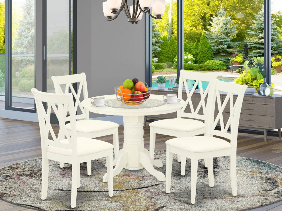 5Pc Dining Set, Round Table, Four Kitchen Chairs, White Finish