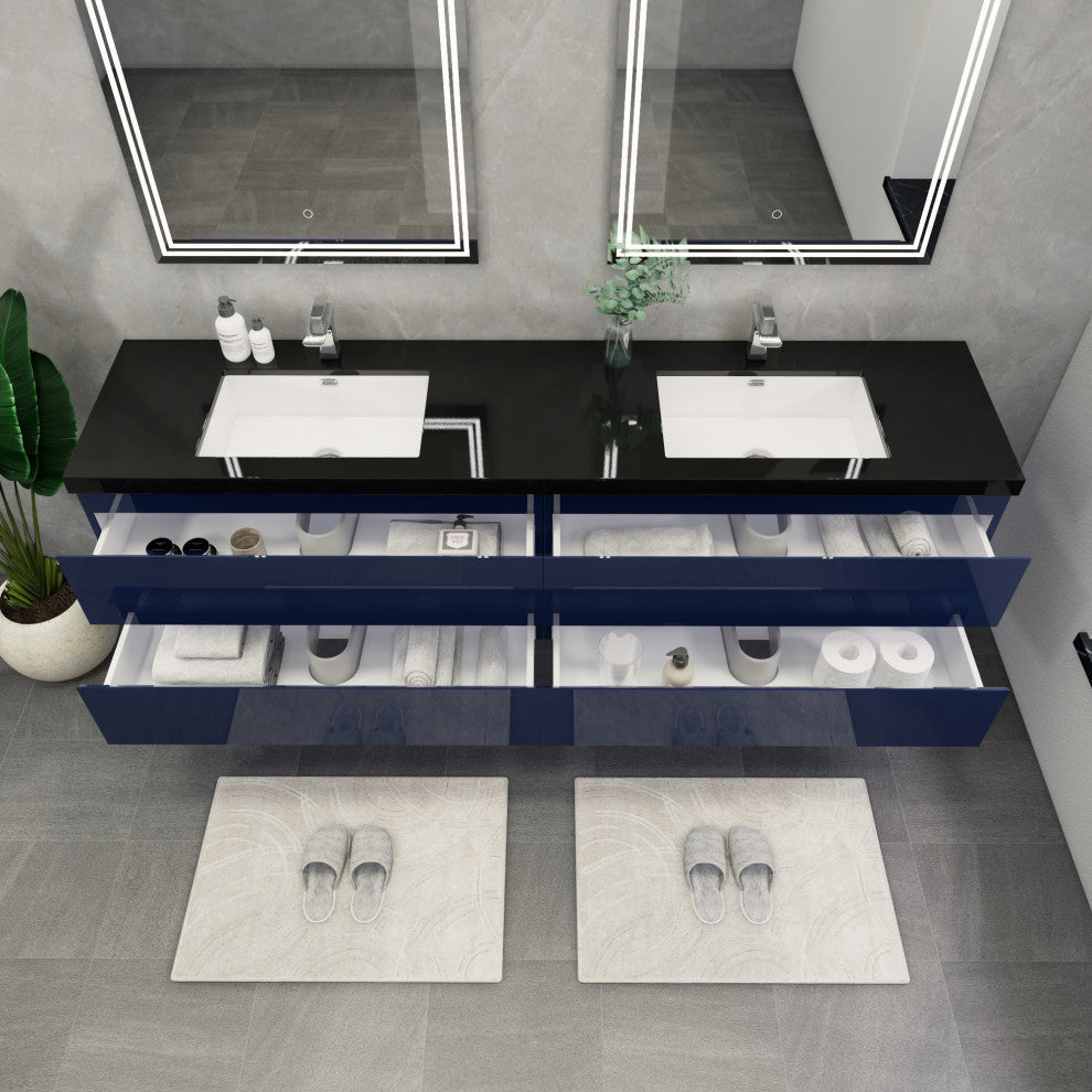 Belli 84" Double Sink Wall Mount Vanity Set, High Gloss Night Blue, Matt Black Top