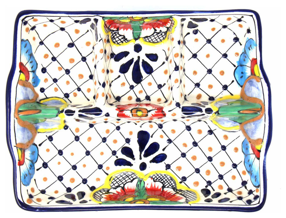 Handmade Pottery 9" Divided Platter, Dots and Flowers