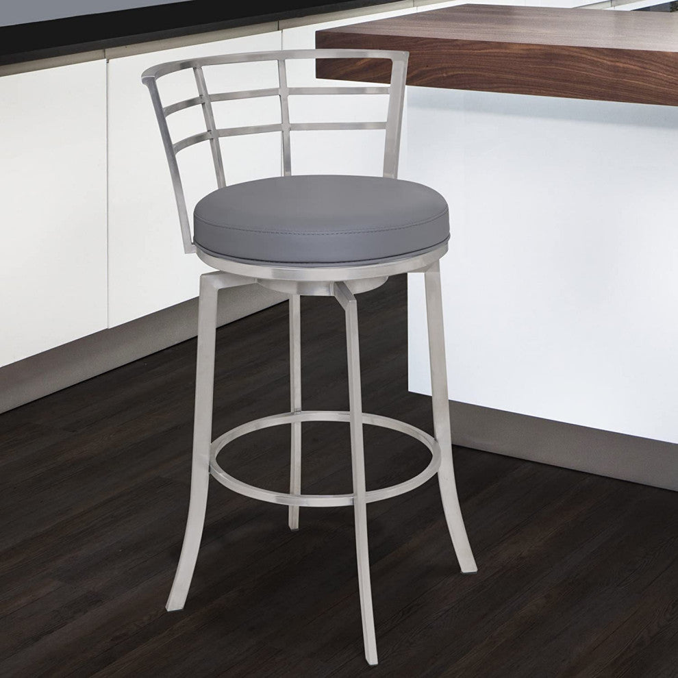 Modern Counter Stool, Swiveling Faux Leather Seat & Low Slatted Back, Grey