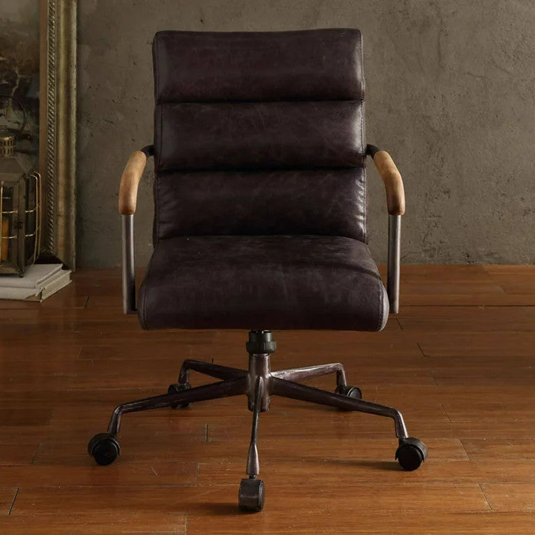 Midcentury Office Chair, Top Grain Leather Seat With Channel Back, Antique Ebony