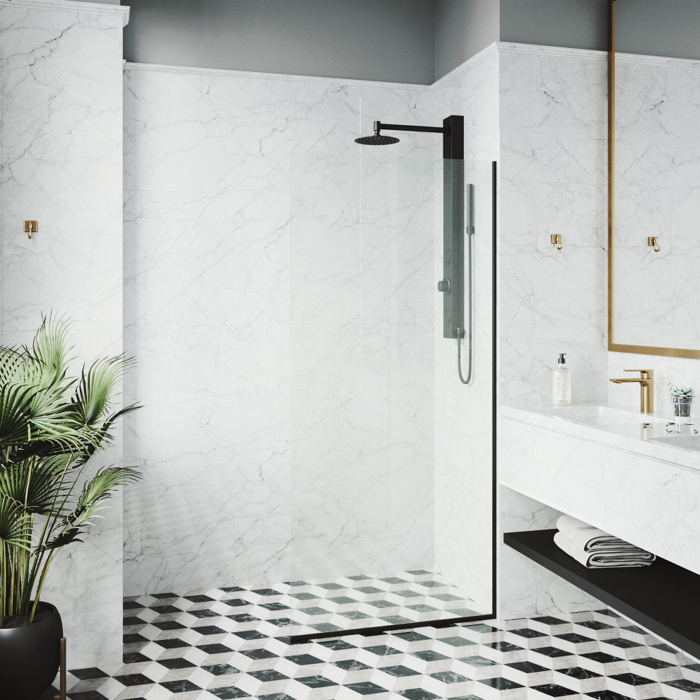VIGO Zenith Frameless Fixed, Matte Black, Shower Screen, 34" W X 74" H, Clear Glass