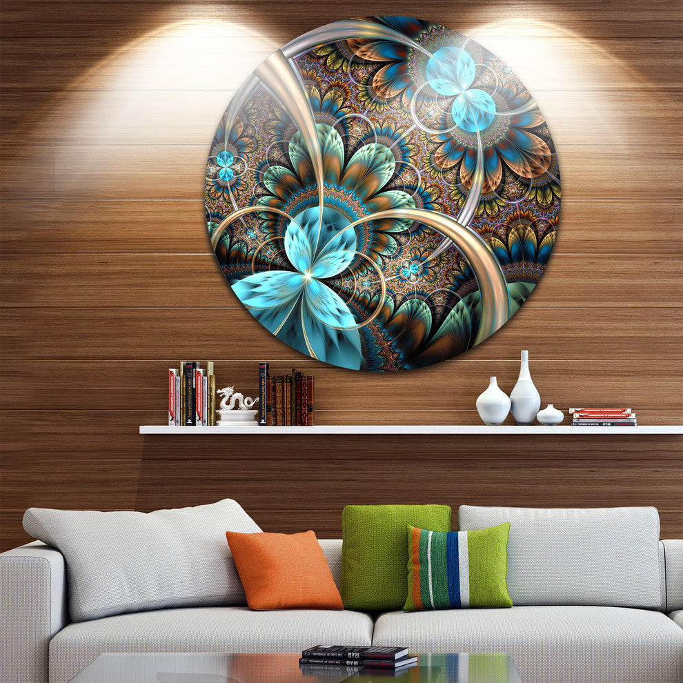 Light Blue Fractal Flower, Digital Art Floral Round Wall Art, 11"