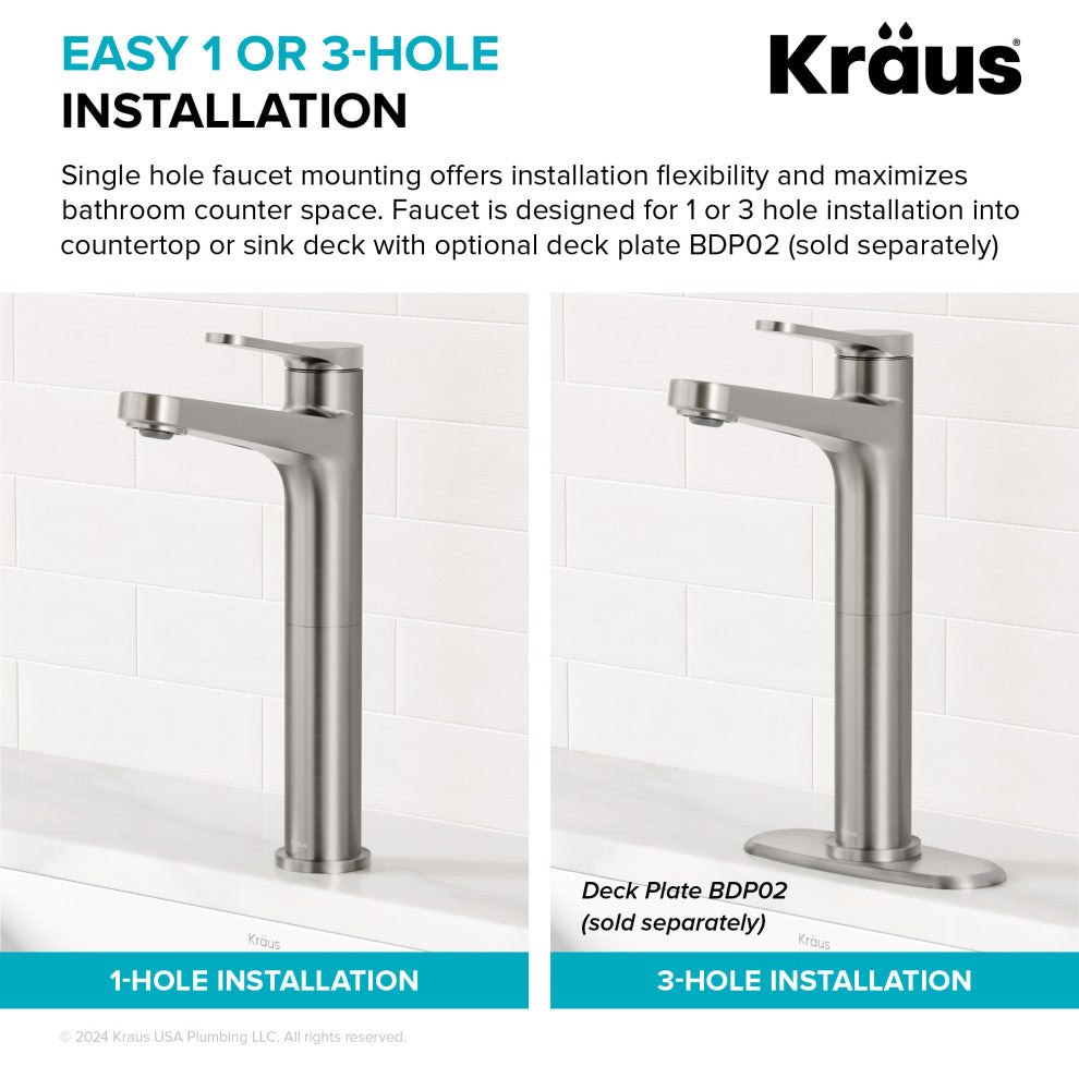 KRAUS Indy Single Handle Vessel Bathroom Faucet Spot Free BN, Pop Up Drain