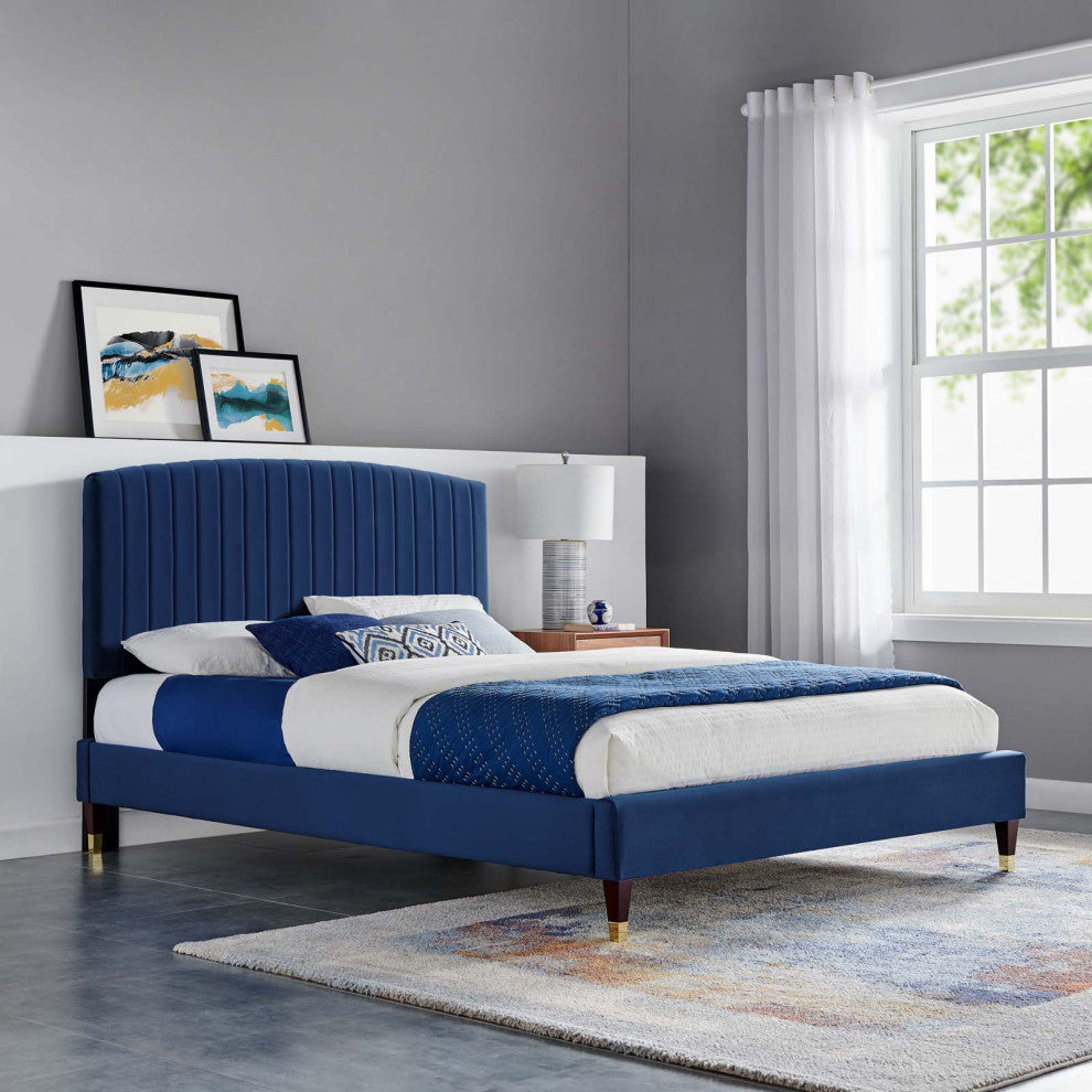 Platform Bed Frame, Queen Size, Blue Navy, Velvet, Modern, Bedroom Guest Suite