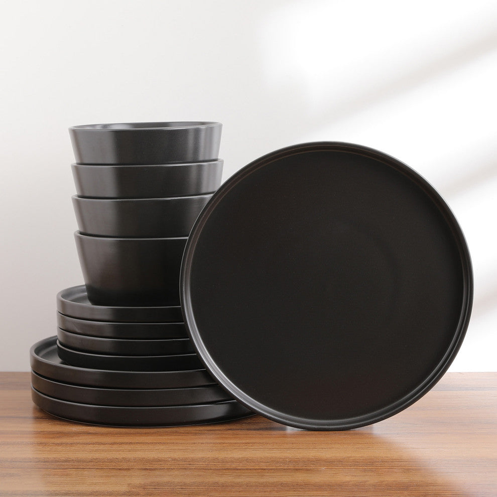 Stone Lain Celina Stoneware 24 Piece Dinnerware Set, Black Matte