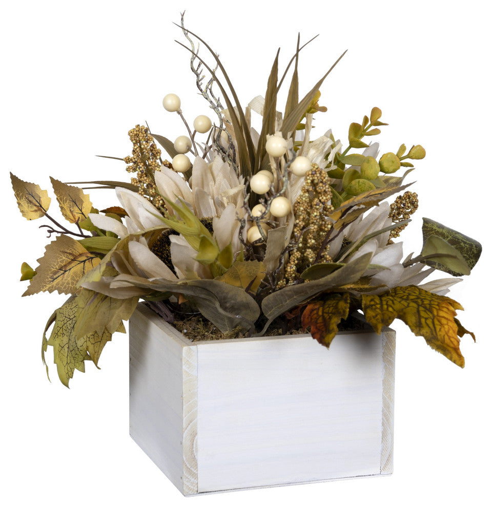 White Metal Planter With Floral Arrangement