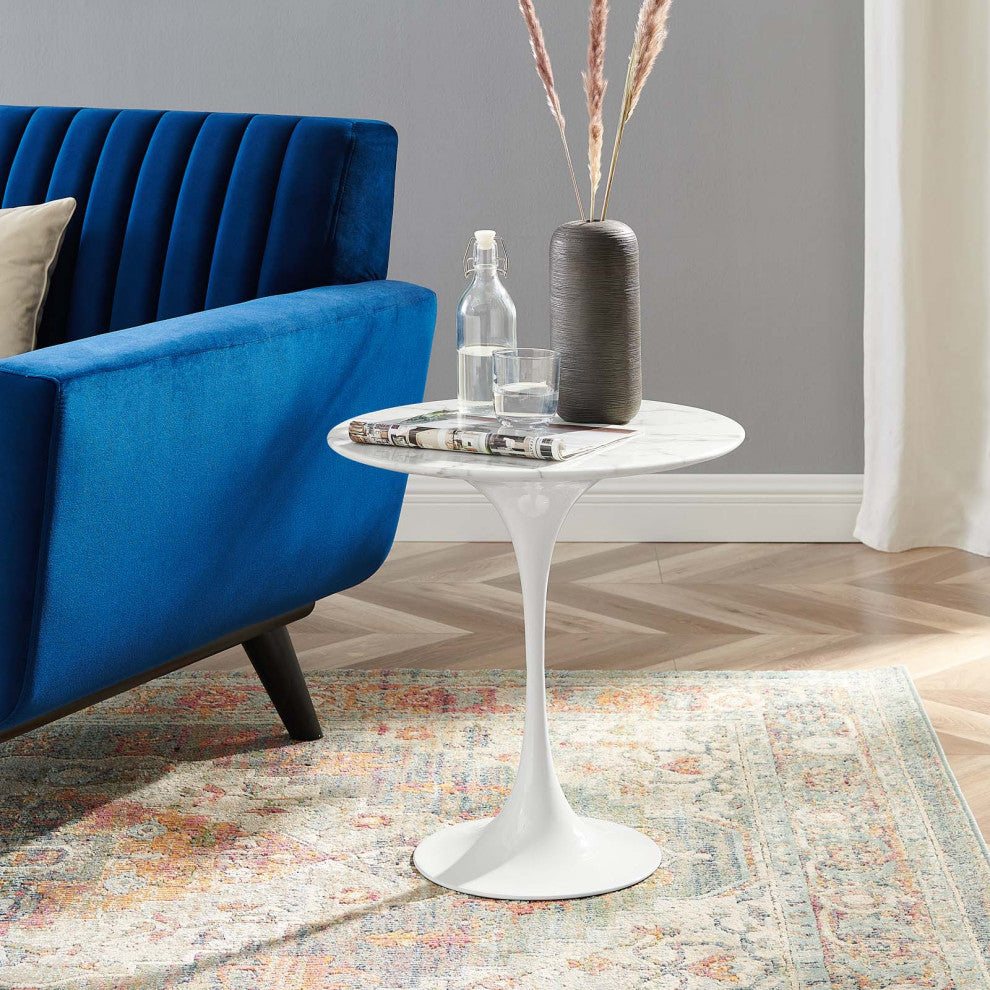 Sofa Side Table, Round, White, Artificial Marble, Metal, Modern, Hospitality