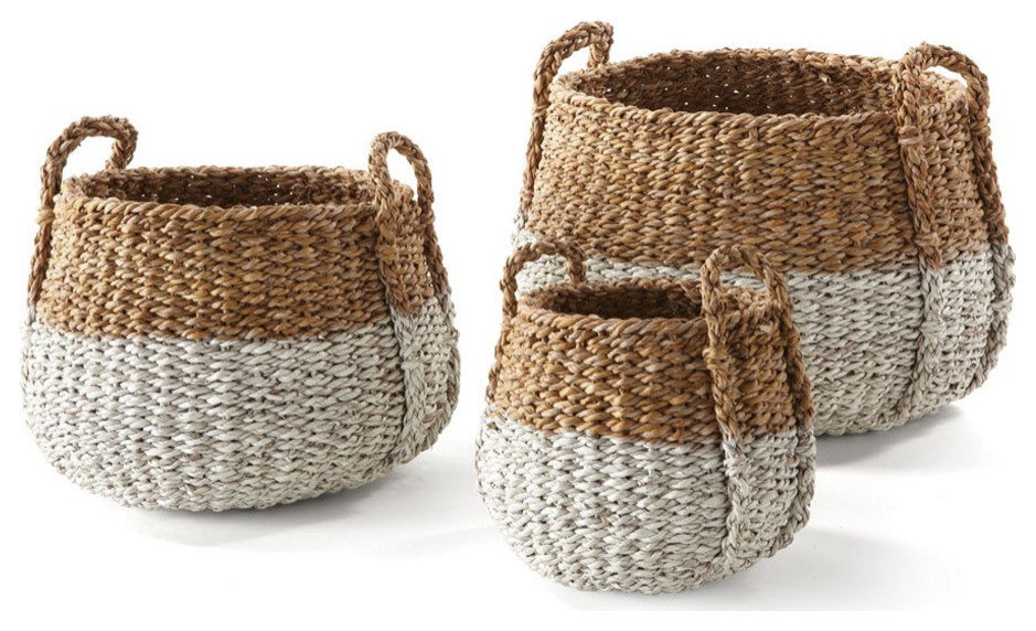Set of 3 Two Tone Woven Sea Grass Storage Baskets Round White Natural 16 12 8 in