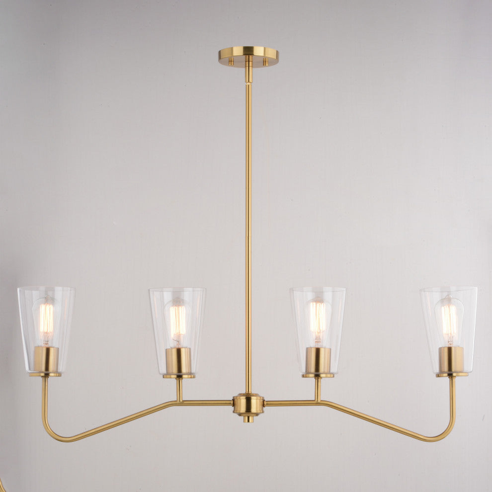 Beverly 4 Light Gold Brass Linear Chandelier Island Pendant Fixture Clear Glass